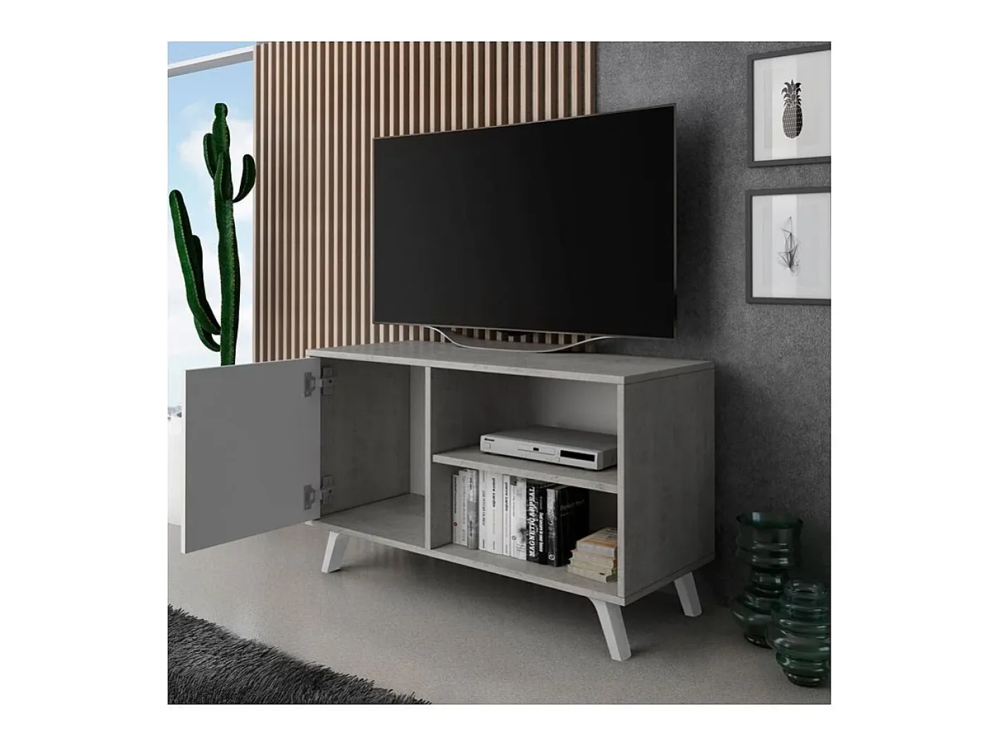 duehome Móvel De Tv*Mesa de TV Wind 100 Gris cemento - Blanco mate Castanho