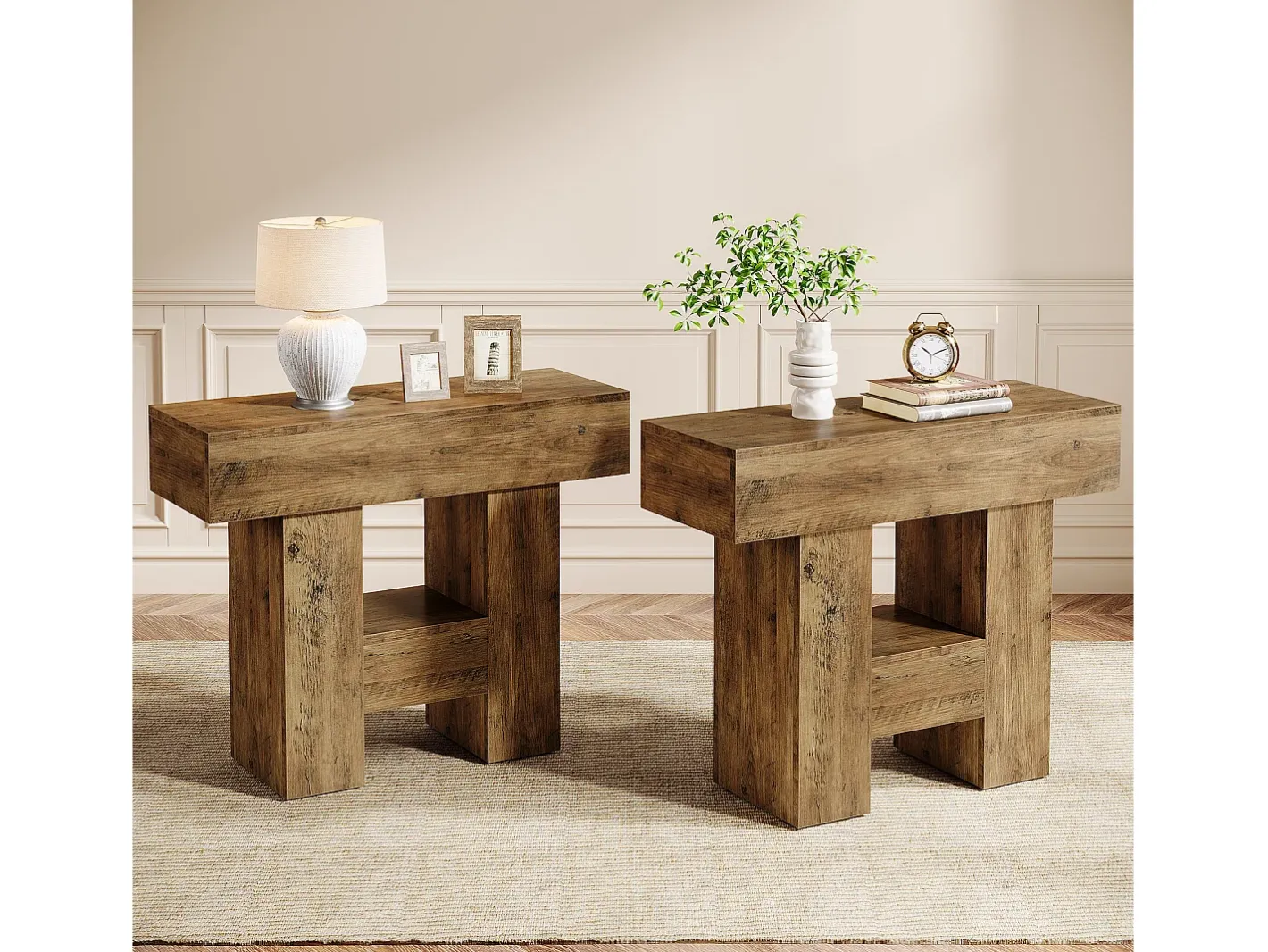 Mesa Lateral Estreita, Mesa Lateral de Sofá no Estilo Rural com Prateleira de Armazenamento de 2 Andares*Tribesigns Sale