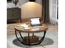 Mesa redonda baixa de coquetel industrial moderna com dois níveis e prateleiras, mesa auxiliar circular para sofá com pernas de metal*Tribesigns Outlet