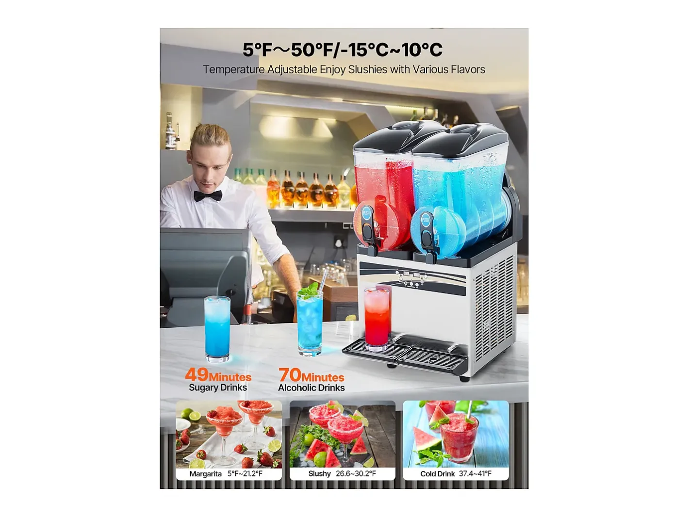 Máquina de Granito SucceBuy, 2 Reservatórios de 15 L, Aço Inoxidável, Distribuidor de Bebidas Geladas, para Casa, Restaurantes, Cafés, Bares^ Hot