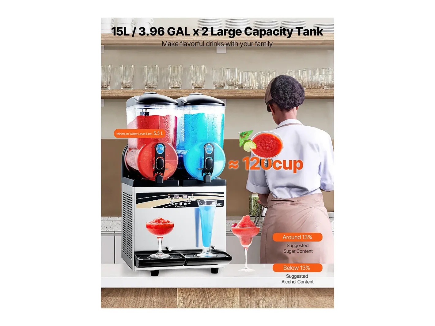 Máquina de Granito SucceBuy, 2 Reservatórios de 15 L, Aço Inoxidável, Distribuidor de Bebidas Geladas, para Casa, Restaurantes, Cafés, Bares^ Hot