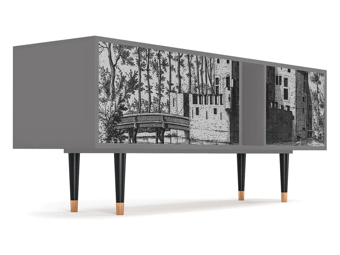 Móvel De Tv*Mueble de TV - 170х69х48 cm - T1 - Castle with Bridge, Cinza Cinzento