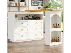 Outlet Móvel de bar de cozinha extensível - e rotação 360° - 203x39x90 cm - 6 gavetas - com prateleiras laterais - Móvel De Bar