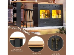 New Móvel de bar moderno rotativo 360° - com LED - 203x39x93 cm - 4 gavetas e 2 portas - com prateleiras laterais - Móvel De Bar