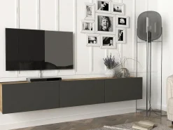 Móvel de TV de parede com 3 portas - Antracite e Natural Claro - VIKILA*Vente-unique Clearance