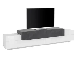Clearance Móvel de TV Dlamann, Aparador baixo de sala, base de móvel de TV, 100% Fabricado em Itália, 240x45h52 cm, Branco brilhante e ardósia Móvel De Tv