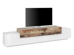 Dmora Móvel De Tv*Móvel de TV Dlamann, Aparador baixo de sala, base de móvel de TV, 100% Fabricado em Itália, 240x45h52 cm, Branco brilhante e Bordo Castanho / Branco