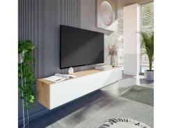 Discount Móvel de TV Dmussi, móvel de TV de 2 portas, móvel de sala suspenso, 180x35h28 cm, Knot Oak e Branco Brilhante Móvel De Tv