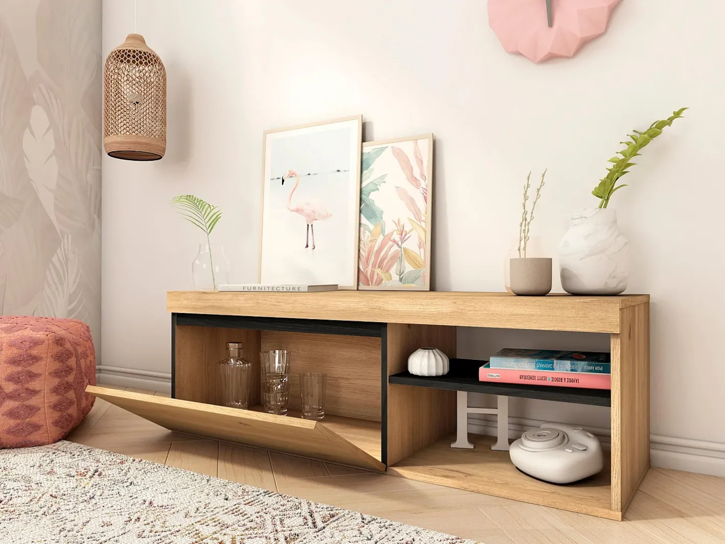 Skraut Home Móvel De Tv*Móvel de TV modelo NATURALE cor Carvalho e Preto, 120x40x41cm Natural claro
