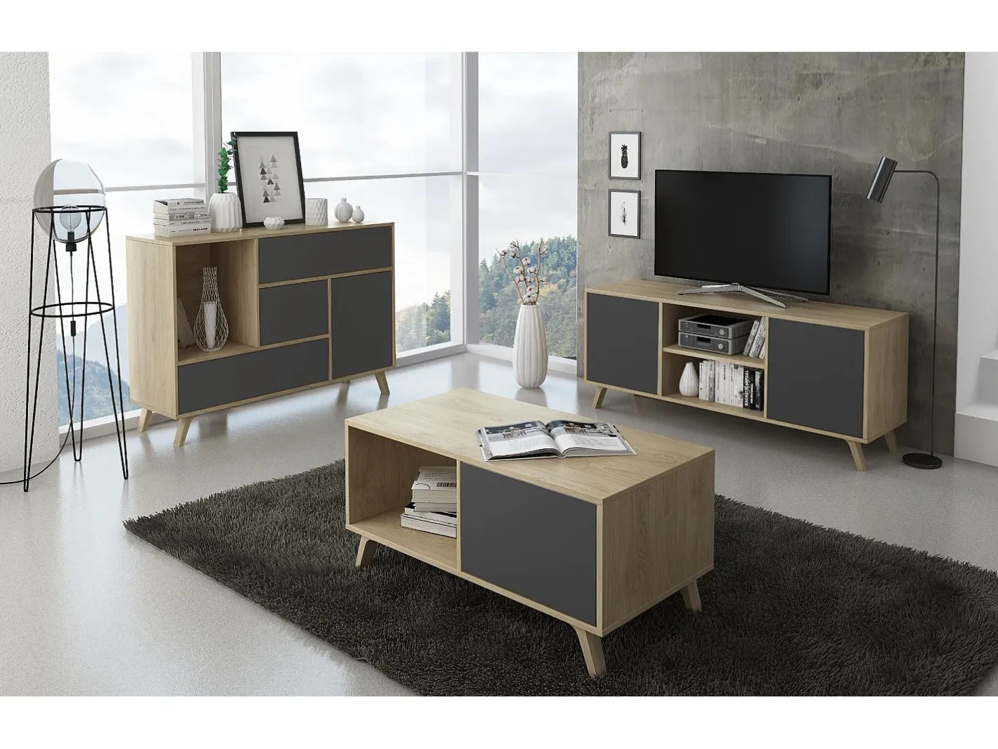 Skraut Home Móvel De Tv*Móvel de TV modelo WIND, cor Carvalho e Cinza Antracite, 137x40x57cm Natural claro