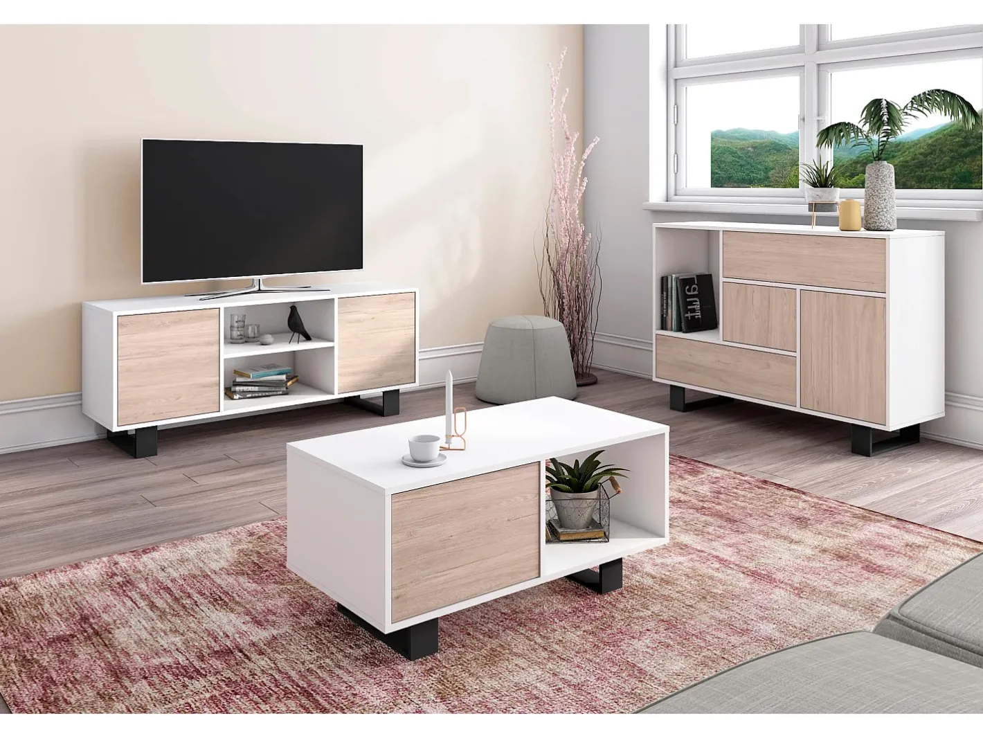 New Móvel de TV modelo WIND, cor Branco e Carvalho, 137x40x57cm Móvel De Tv