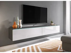 Móvel De Tv*Móvel de TV moderno 180 cm para sala – 2 portas, sem puxadores, mate + brilho, de chão ou suspenso, matera / branco brilho Cinza antracite / Branco