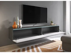 Móvel De Tv*Móvel de TV moderno 180 cm para sala – 2 portas, sem puxadores, mate + brilho, de chão ou suspenso, matera / branco brilho Cinza antracite / Branco