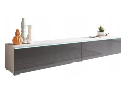 Móvel de TV moderno 180 cm para sala – 2 portas, sem puxadores, mate + brilho, de chão ou suspenso, branco / cinzento brilho*