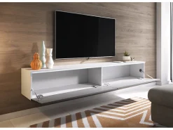 Móvel de TV moderno 180 cm para sala – 2 portas, sem puxadores, mate + brilho, de chão ou suspenso, branco / cinzento brilho*