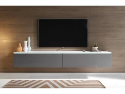 Móvel de TV moderno 180 cm para sala – 2 portas, sem puxadores, mate + brilho, de chão ou suspenso, branco / cinzento brilho*
