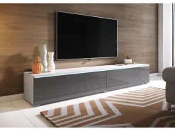 Móvel de TV moderno 180 cm para sala – 2 portas, sem puxadores, mate + brilho, de chão ou suspenso, branco / cinzento brilho*