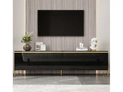 Móvel de TV moderno envernizado brilhante - 170x38x50 cm - 4 portas - Acabamentos dourados - Pés de metal -*ModernLuxe Online