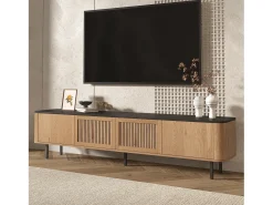 Online Móvel de TV moderno 190x35x45 cm - 4 portas de persiana - cantos arredondados - pés de ferro - MDF - natural Móvel De Tv