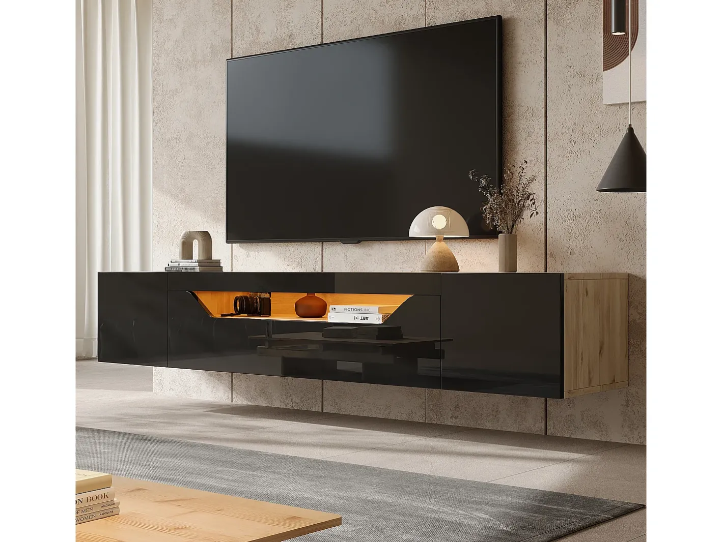 Online Móvel de TV mural 180x37x36cm - com 2 portas - com iluminação LED - para televisor de 75" - e natural Móvel De Tv