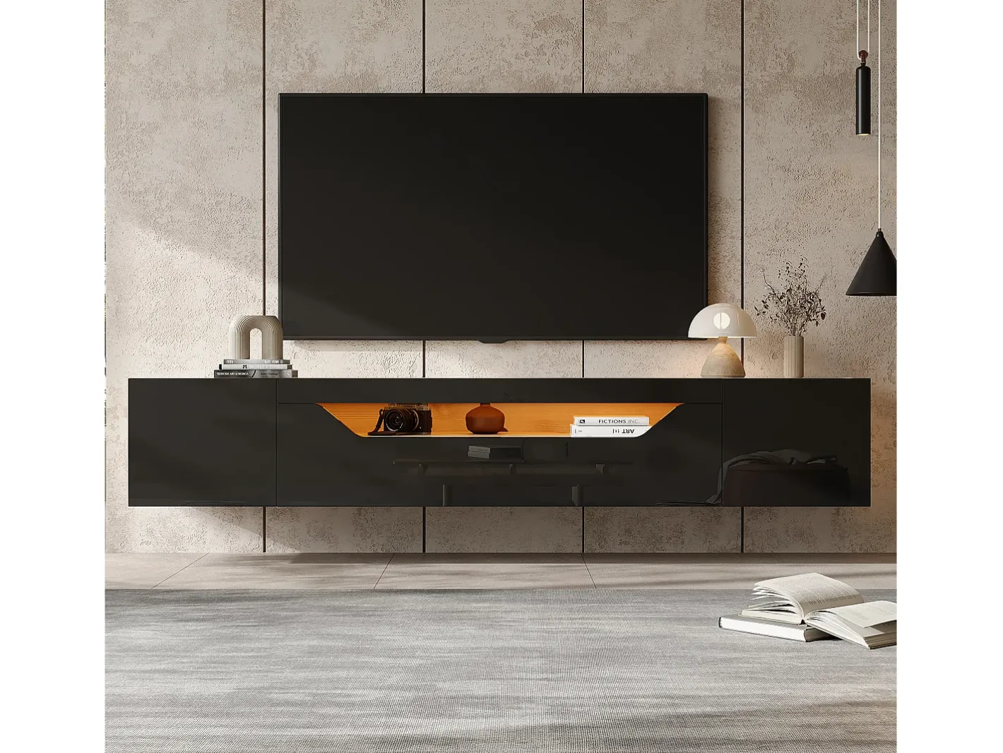 Online Móvel de TV mural 180x37x36cm - com 2 portas - com iluminação LED - para televisor de 75" - e natural Móvel De Tv
