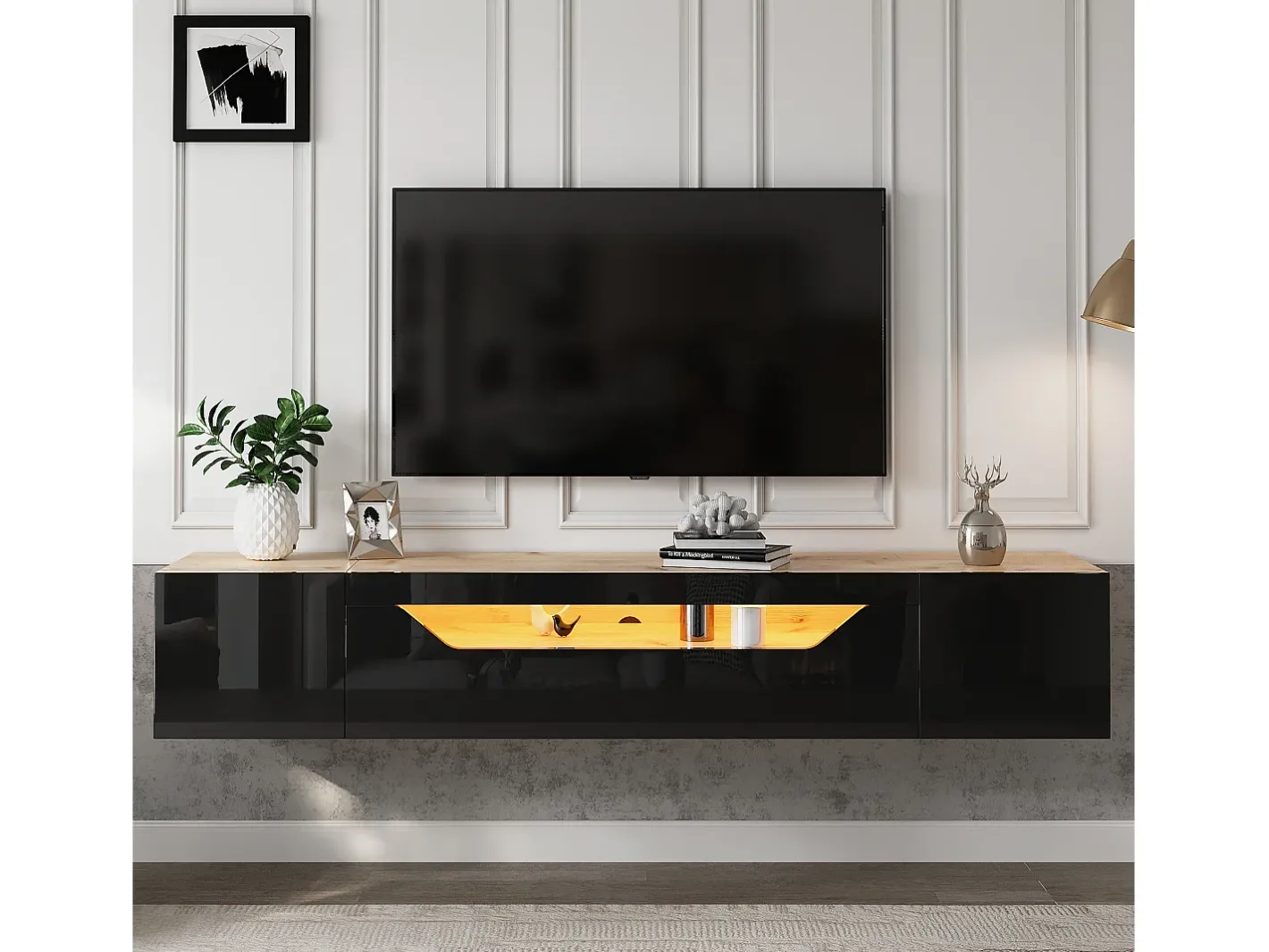 Online Móvel de TV mural 180x37x36cm - com 2 portas - com iluminação LED - para televisor de 75" - e natural Móvel De Tv