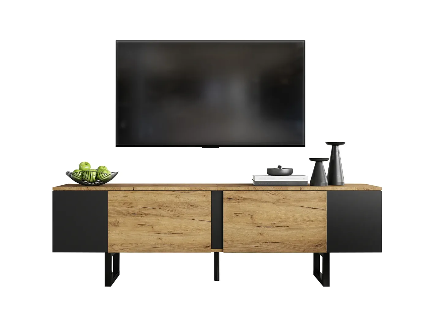 Clearance Móvel de TV 180x40x55 cm - 2 portas e prateleiras abertas - TV até 75 polegadas - Painéis de partículas - Natural e preto Móvel De Tv