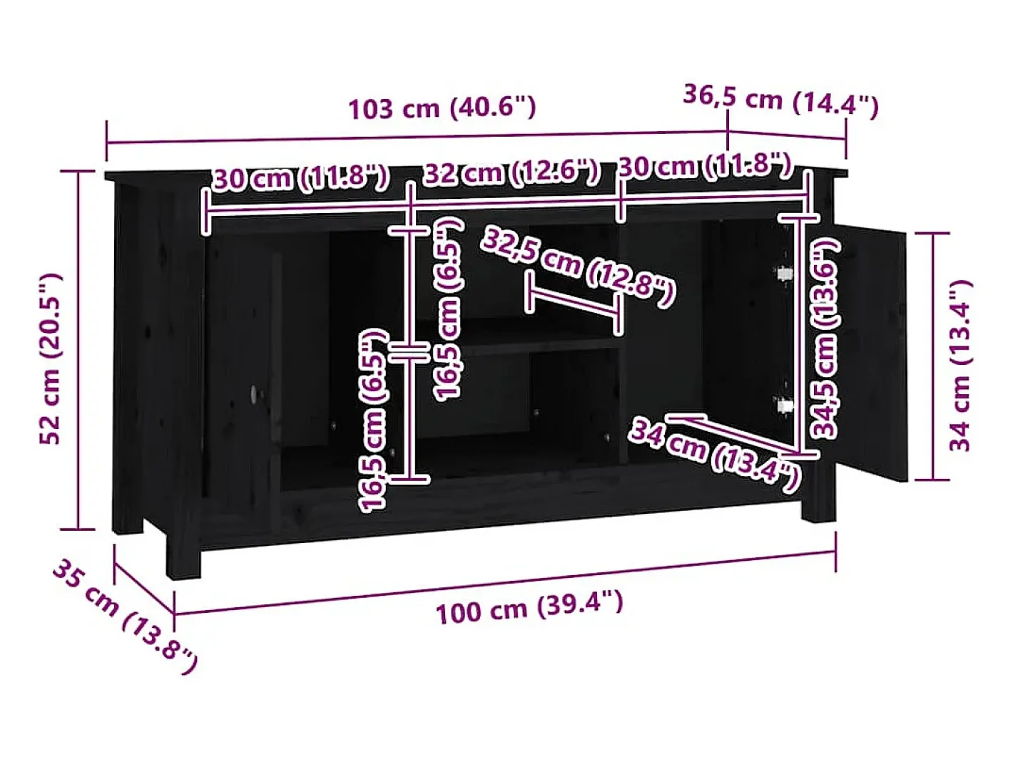 vidaxl Móvel De Tv*Móvel de TV 103x36,5x52 cm madeira de pinho maciça Preto
