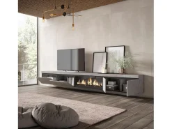 Skraut Home Móvel De Tv*Móvel de TV, 368x35x45, Lareira eléctrica XXL, Suspensos, Cimento Cinzento