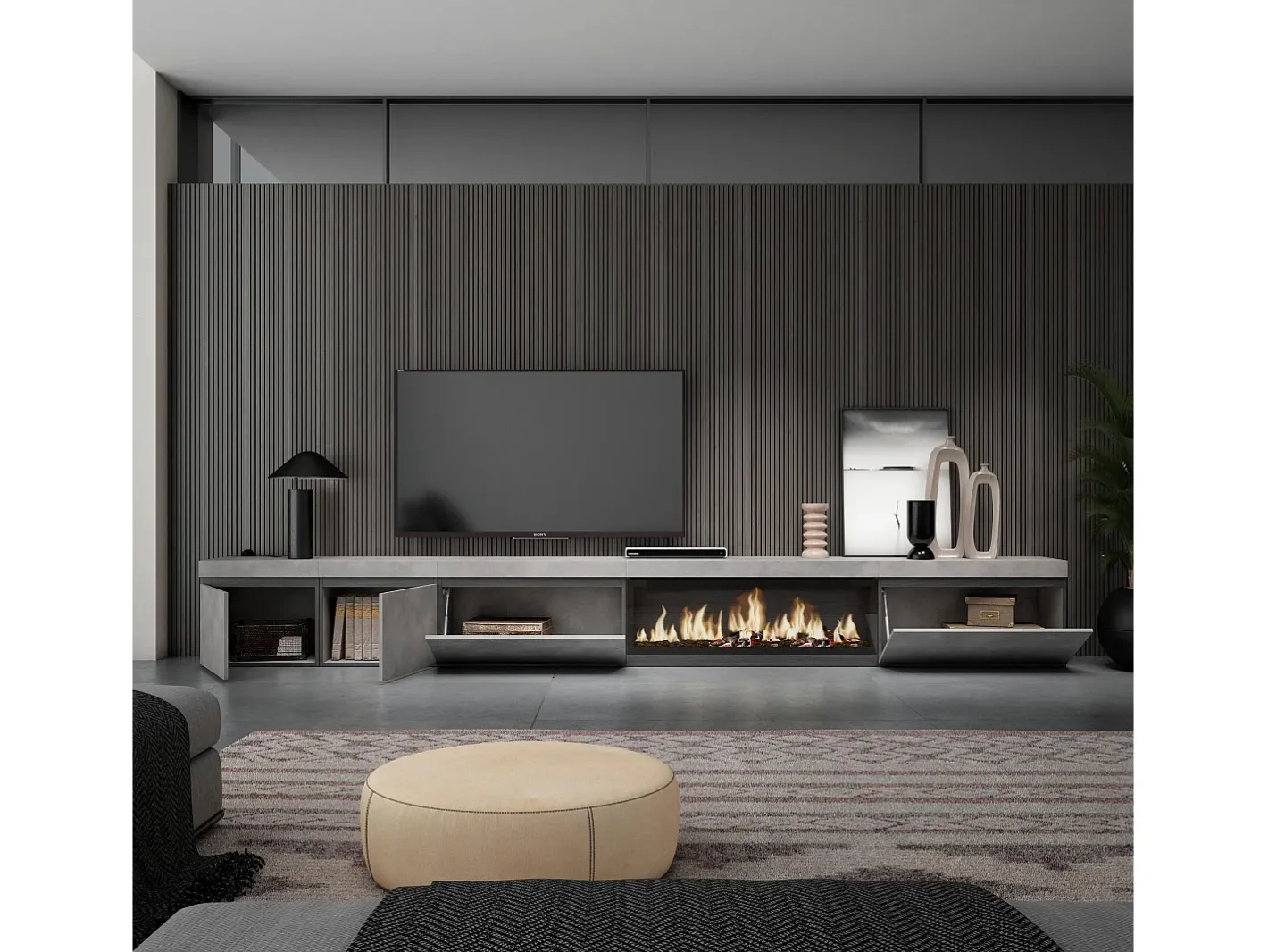 Móvel de TV, 368x35x45, Lareira eléctrica XXL, Cimento*Skraut Home Hot