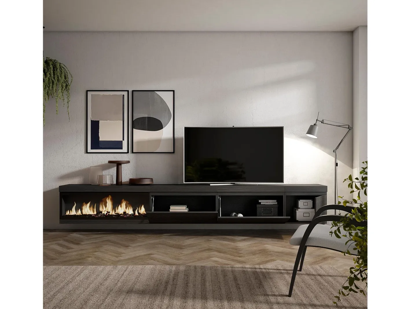 Online Móvel de TV, 317x35x45cm, Lareira eléctrica XXL, Suspensos, Móvel De Tv