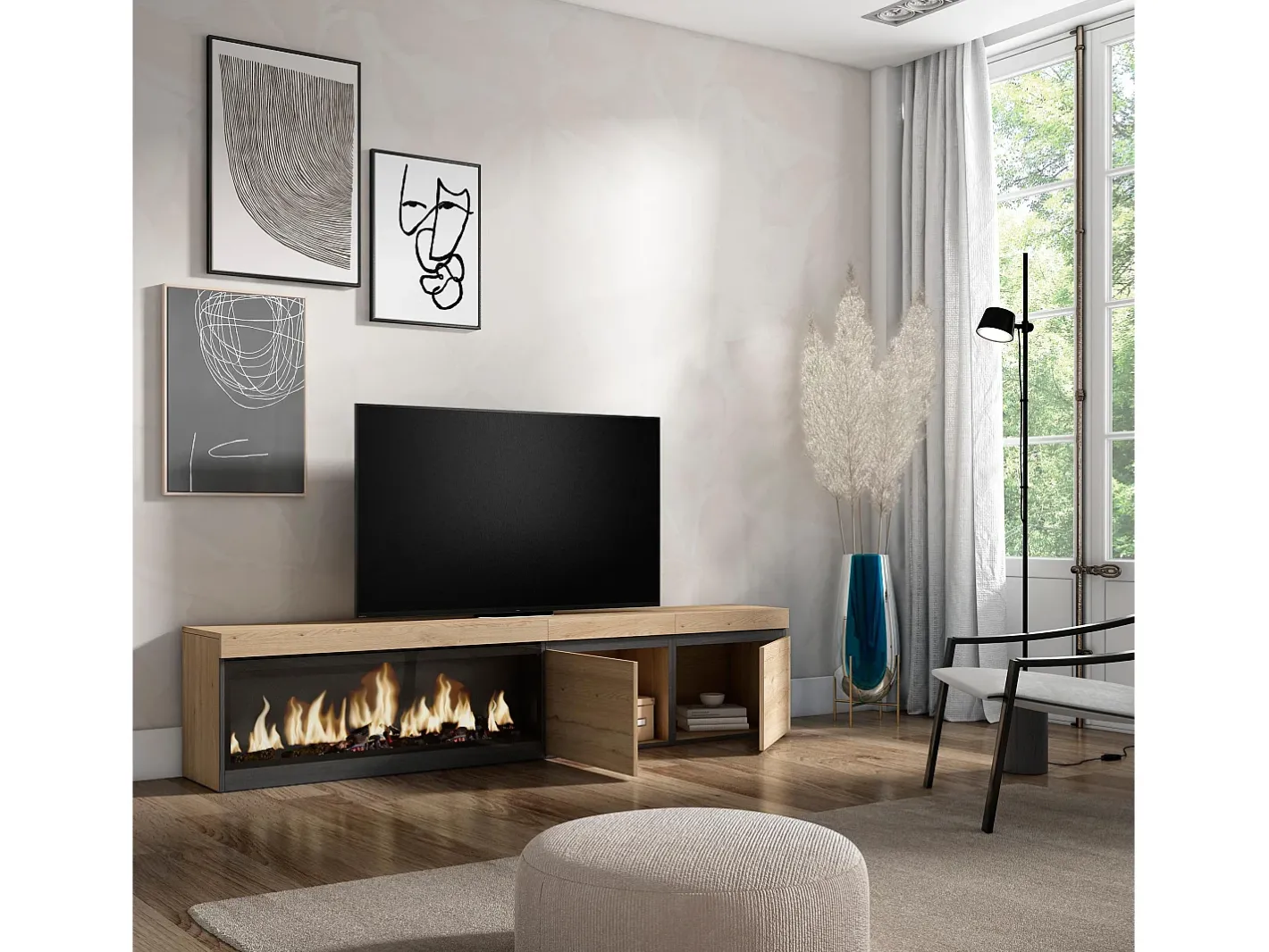 Sale Móvel de TV, 208x35x45cm, Para televisores até 80", Lareira eléctrica XXL, Carvahlo Móvel De Tv