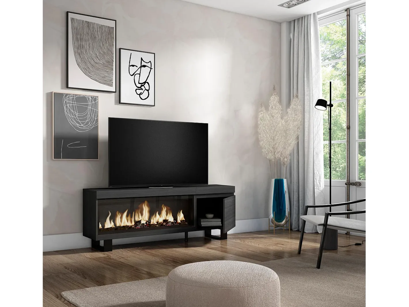 Móvel de TV, 158x35x57cm, Para televisores até 65", Lareira eléctrica XXL, Design industrial,^Skraut Home Online