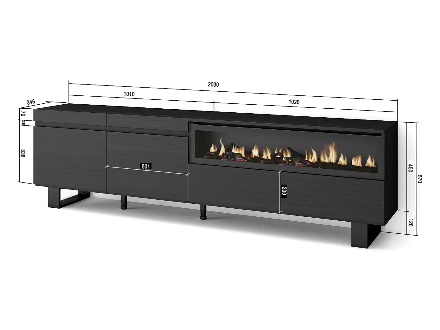 Móvel de TV, 200x35x57cm, Para televisores até 80", Lareira eléctrica, Design industrial,*Skraut Home Discount