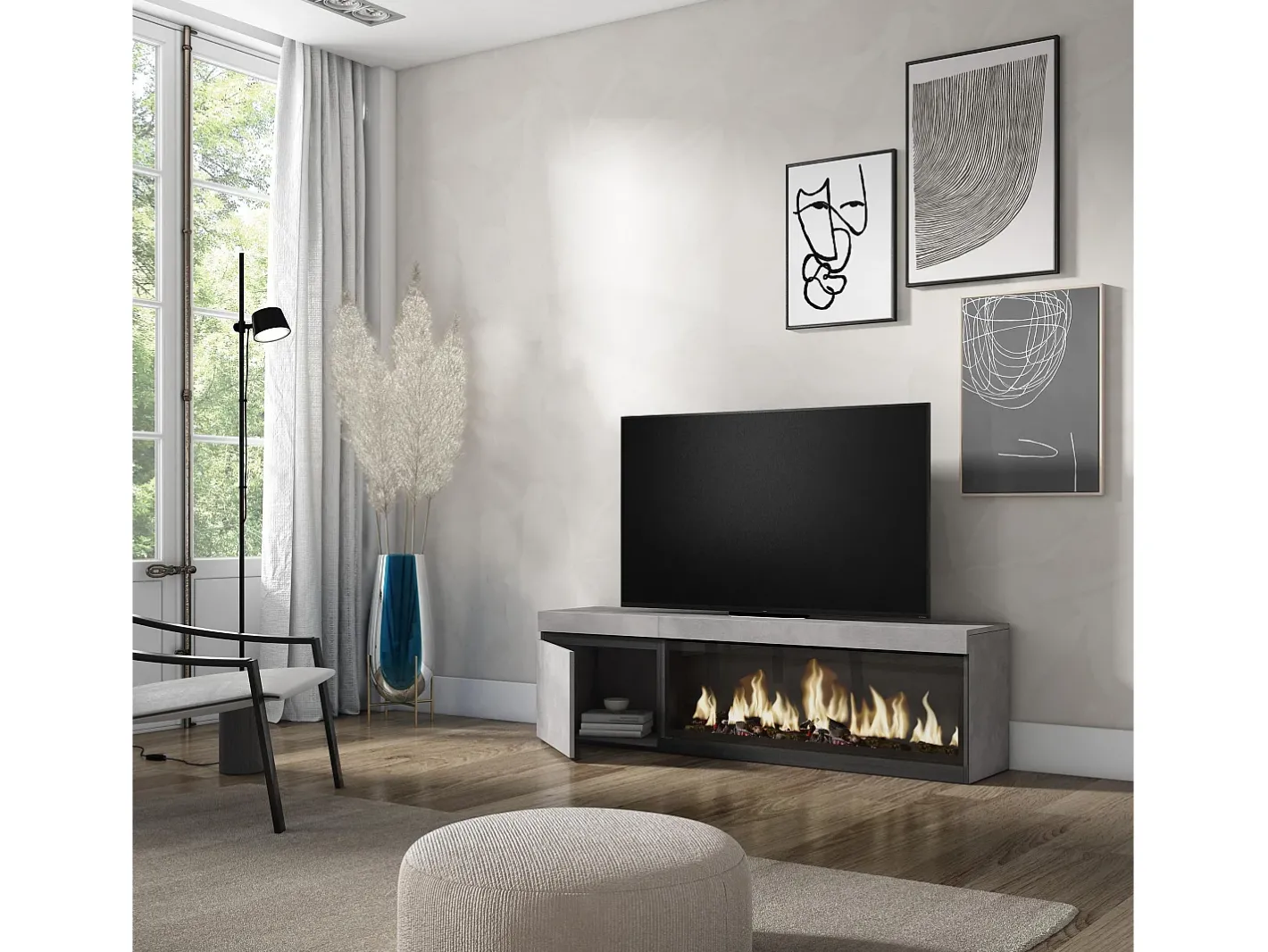 Móvel de TV, 158x35x45cm, Para televisores até 65", Lareira eléctrica XXL, Cimento^Skraut Home Discount