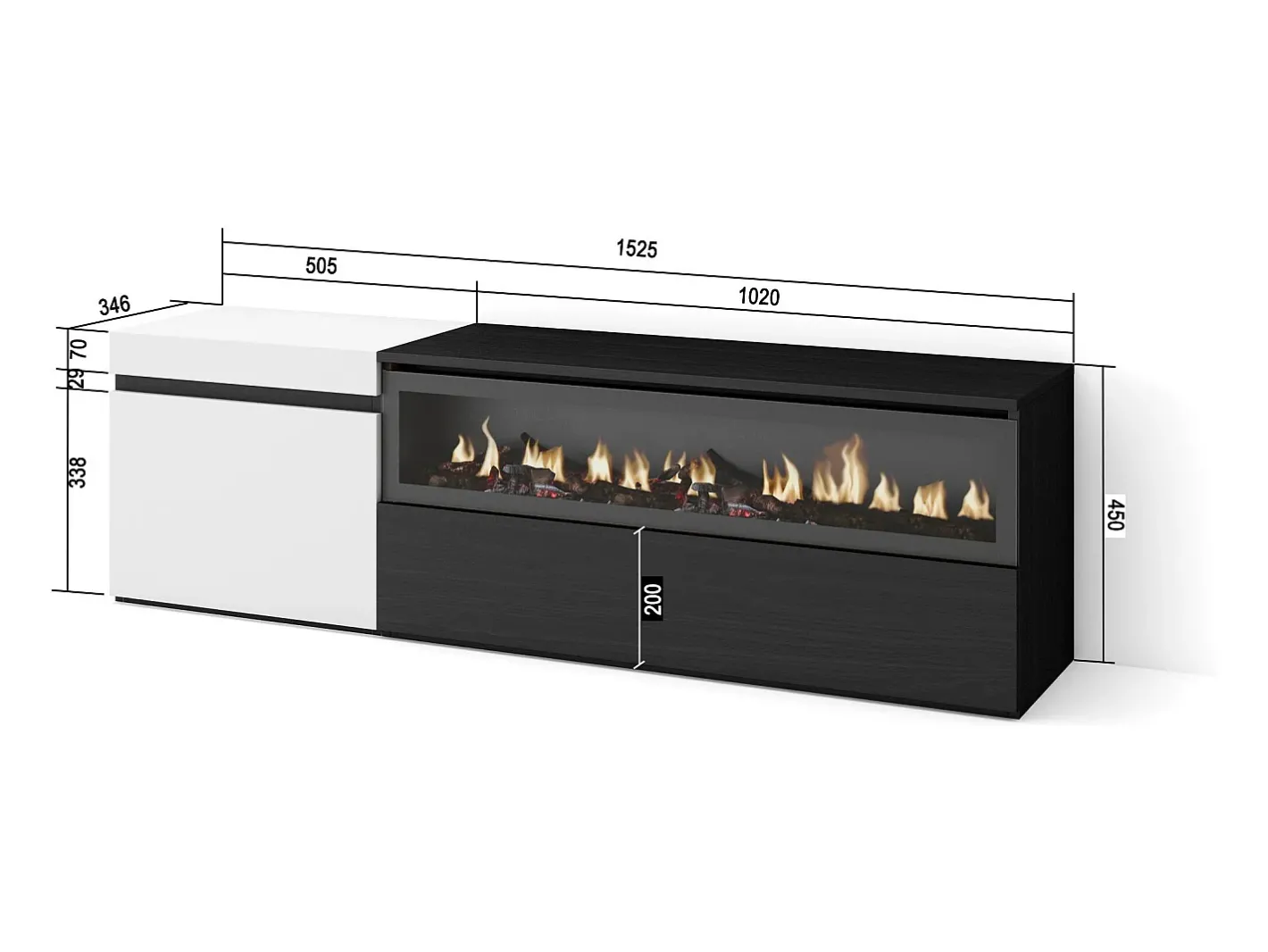 Móvel de TV, 150x35x45cm, Para televisores até 65", Lareira eléctrica, e preto*Skraut Home