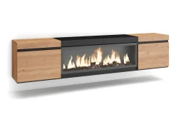 Móvel de TV, 208x35x45cm, Para televisores até 80", Lareira eléctrica XXL, Suspensos, Carvahlo e preto*Skraut Home Best
