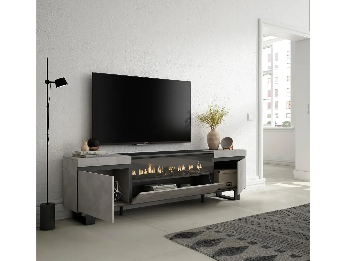 New Móvel de TV, 200x35x57cm, Para televisores até 80", Lareira eléctrica, Design industrial, Cimento Móvel De Tv