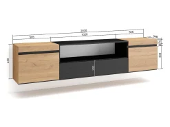 Skraut Home Móvel De Tv*Móvel de TV, 200x35x45cm, Para televisores até 80", Suspensos, Carvahlo e preto Natural claro