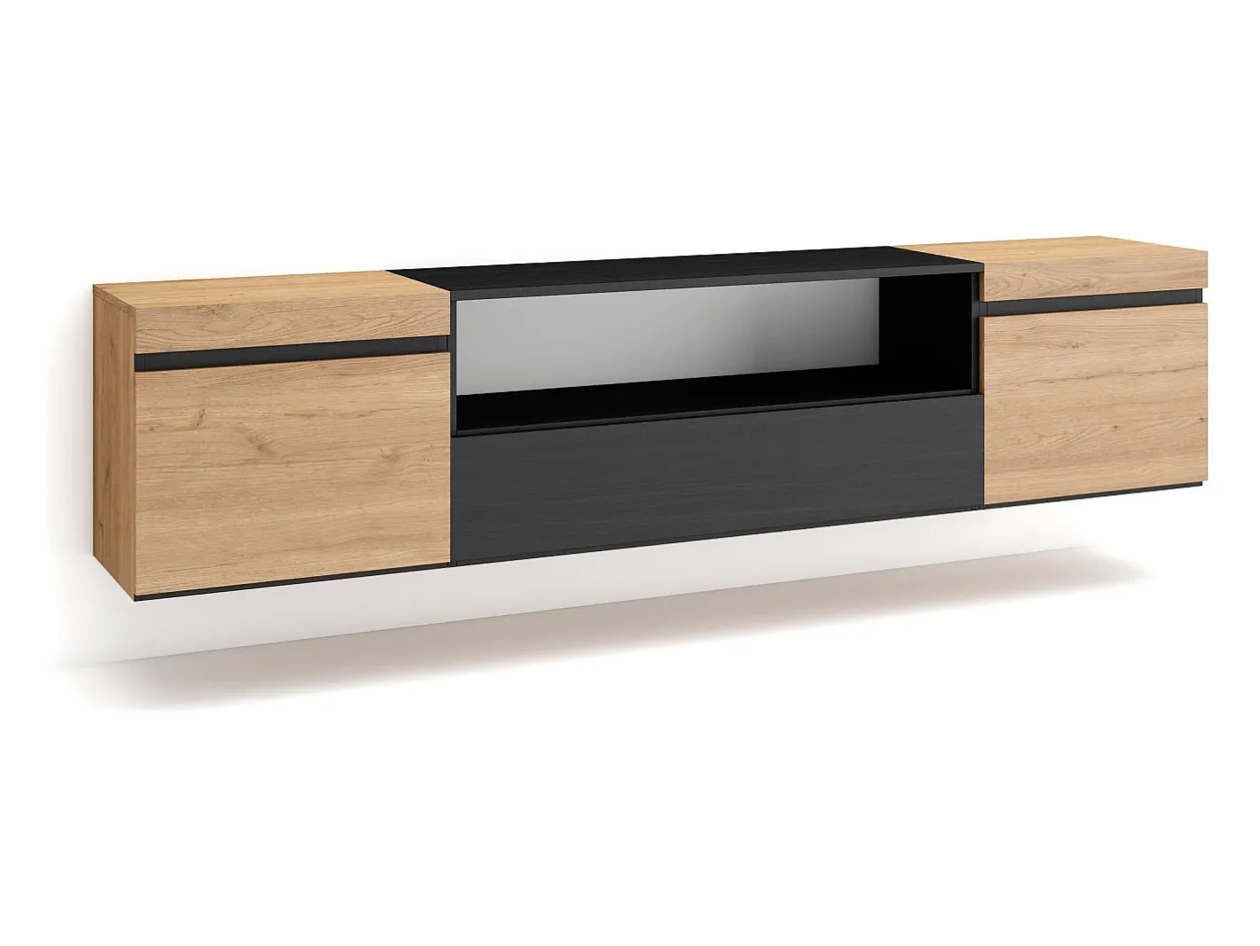 Skraut Home Móvel De Tv*Móvel de TV, 200x35x45cm, Para televisores até 80", Suspensos, Carvahlo e preto Natural claro