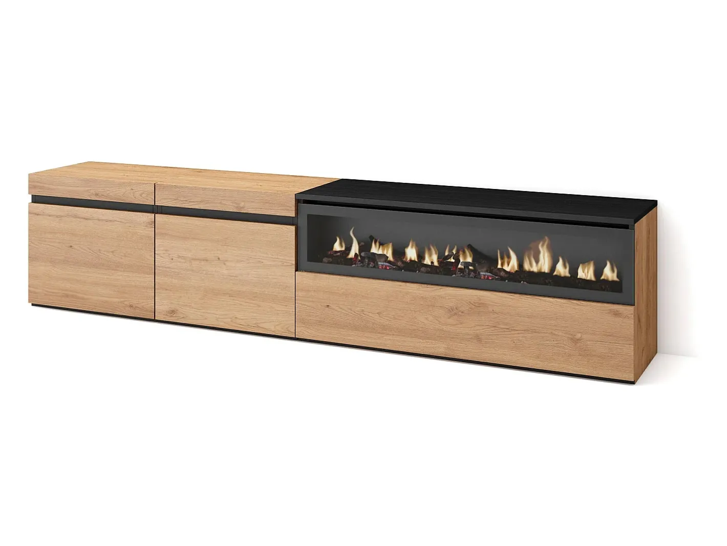 Skraut Home Móvel De Tv*Móvel de TV, 200x35x45cm, Para televisores até 80", Lareira eléctrica, Carvahlo e preto Natural claro