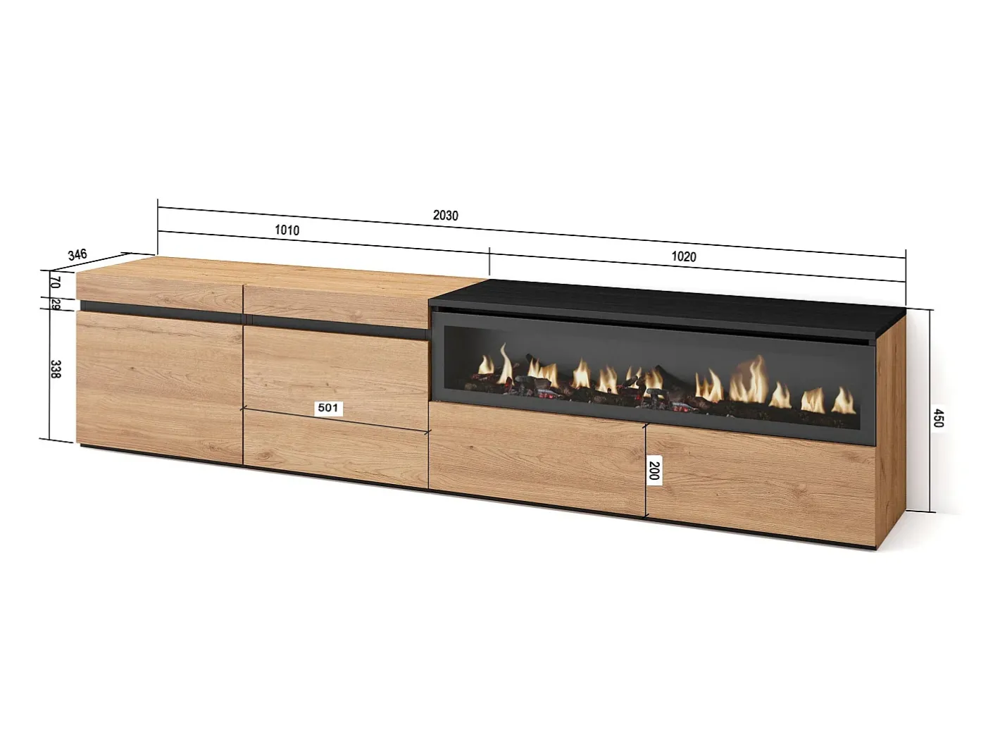Skraut Home Móvel De Tv*Móvel de TV, 200x35x45cm, Para televisores até 80", Lareira eléctrica, Carvahlo e preto Natural claro
