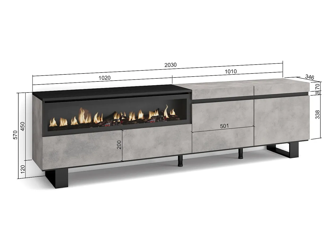 Móvel de TV, 200x35x57cm, Para televisores até 80", Lareira eléctrica, Design industrial, Cimento*Skraut Home Hot