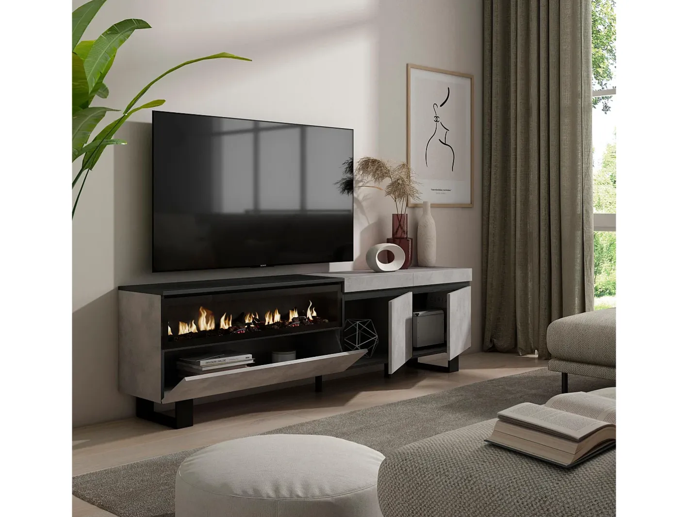 Móvel de TV, 200x35x57cm, Para televisores até 80", Lareira eléctrica, Design industrial, Cimento*Skraut Home Hot