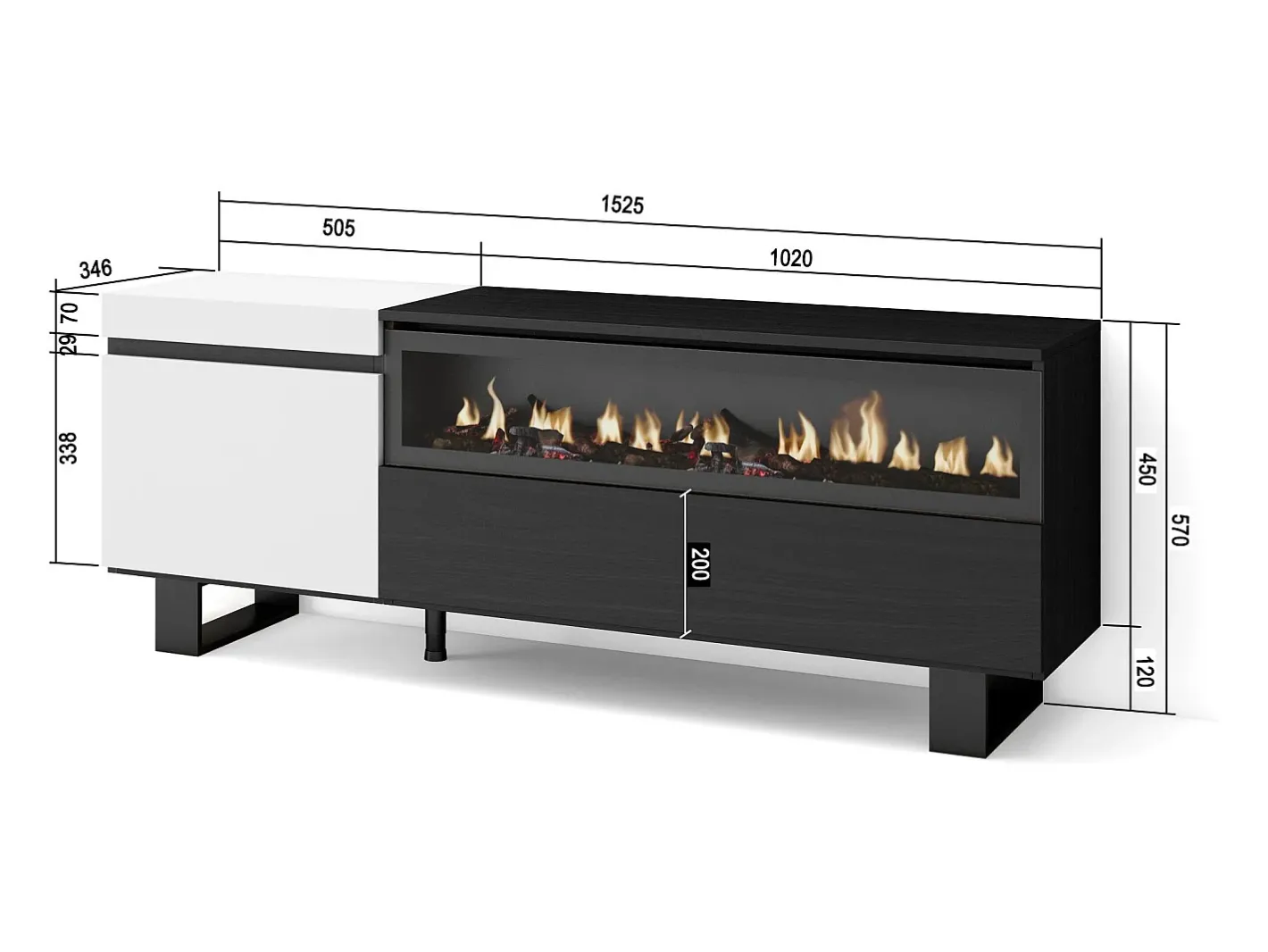 Móvel de TV, 150x35x57cm, Para televisores até 65", Lareira eléctrica, Design industrial, e preto*Skraut Home Discount