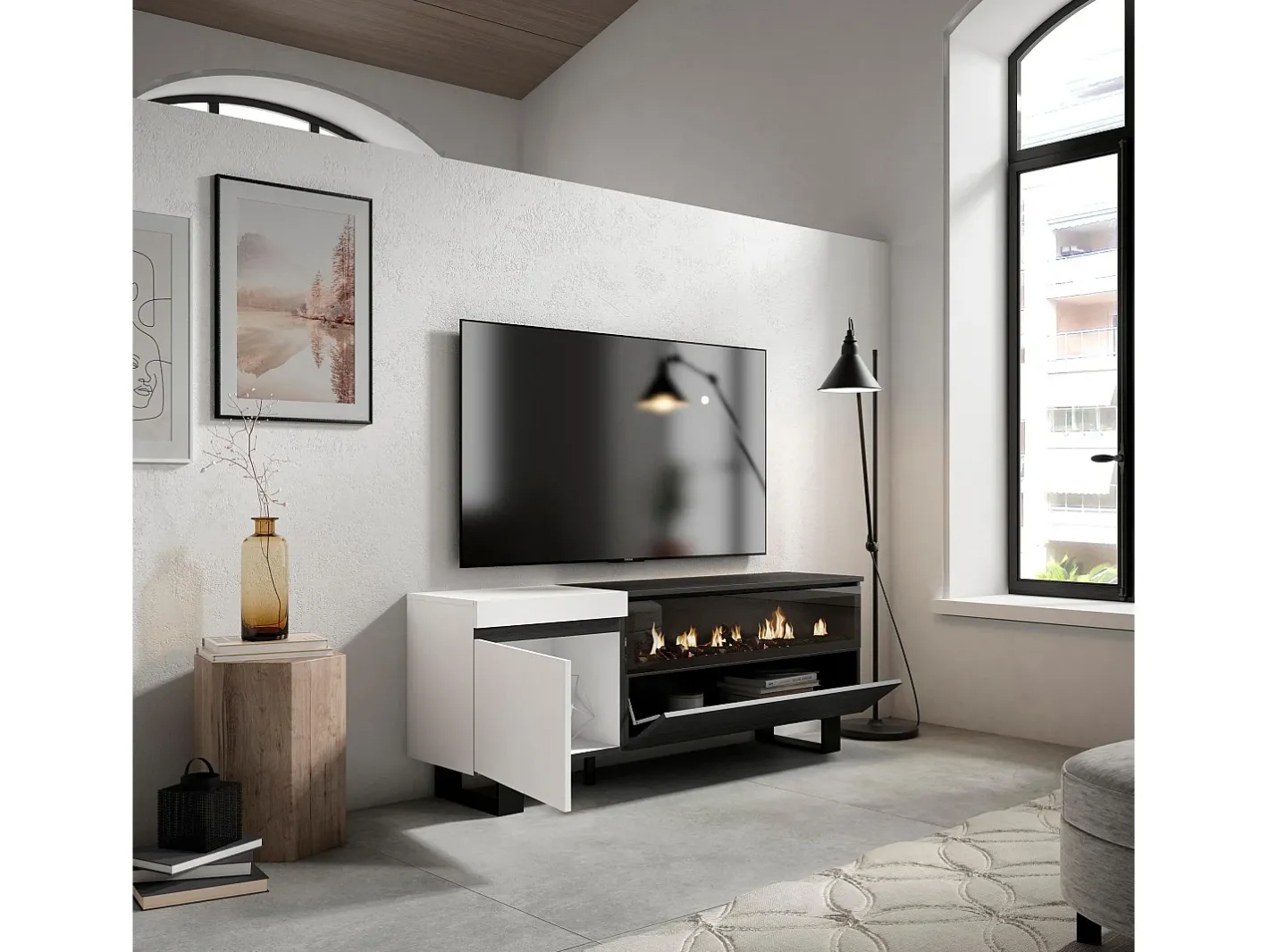 Móvel de TV, 150x35x57cm, Para televisores até 65", Lareira eléctrica, Design industrial, e preto*Skraut Home Discount