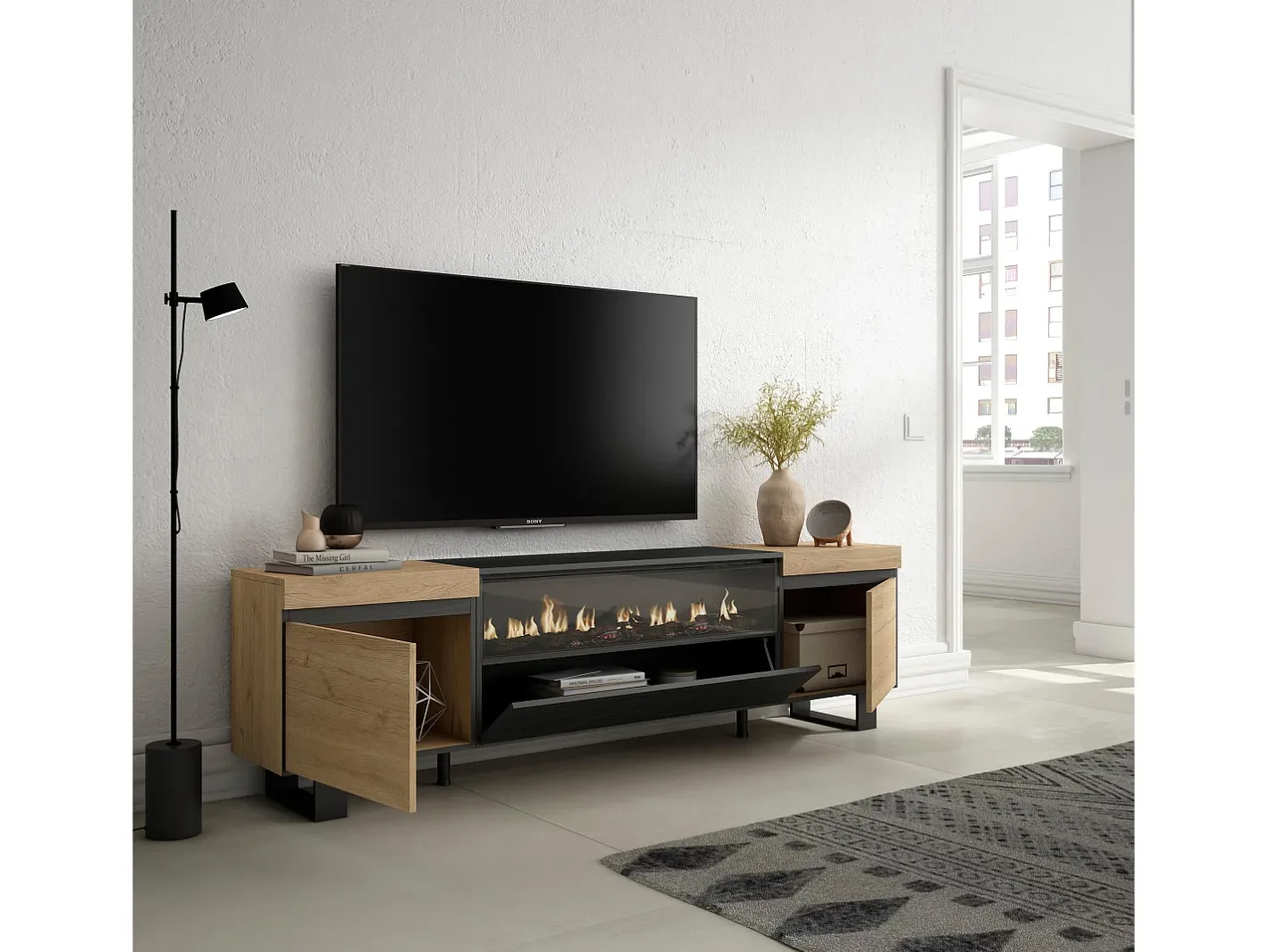 Móvel de TV, 200x35x57cm, Para televisores até 80", Lareira eléctrica, Design industrial, Carvahlo e preto*Skraut Home Hot