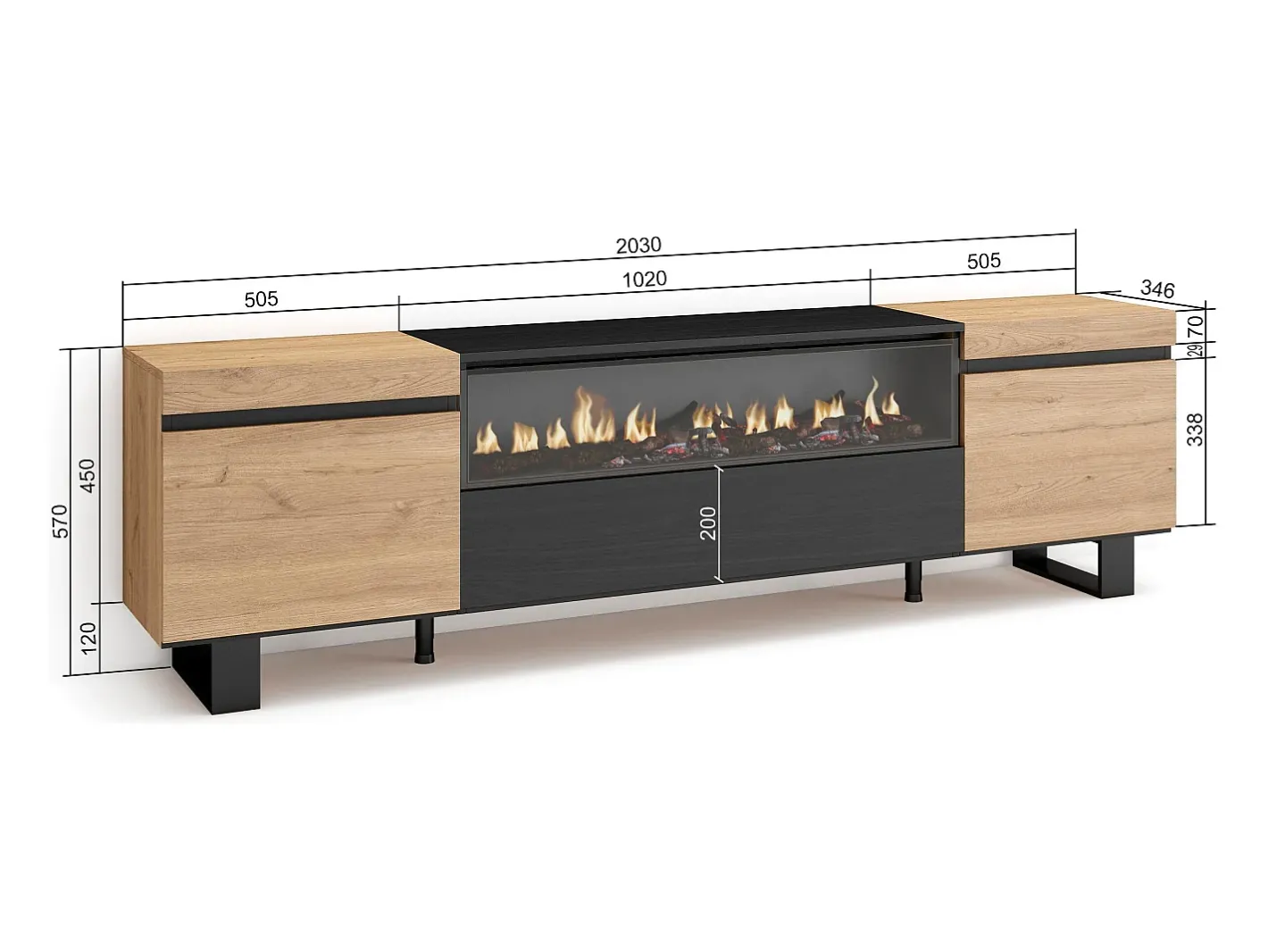 Móvel de TV, 200x35x57cm, Para televisores até 80", Lareira eléctrica, Design industrial, Carvahlo e preto*Skraut Home Hot