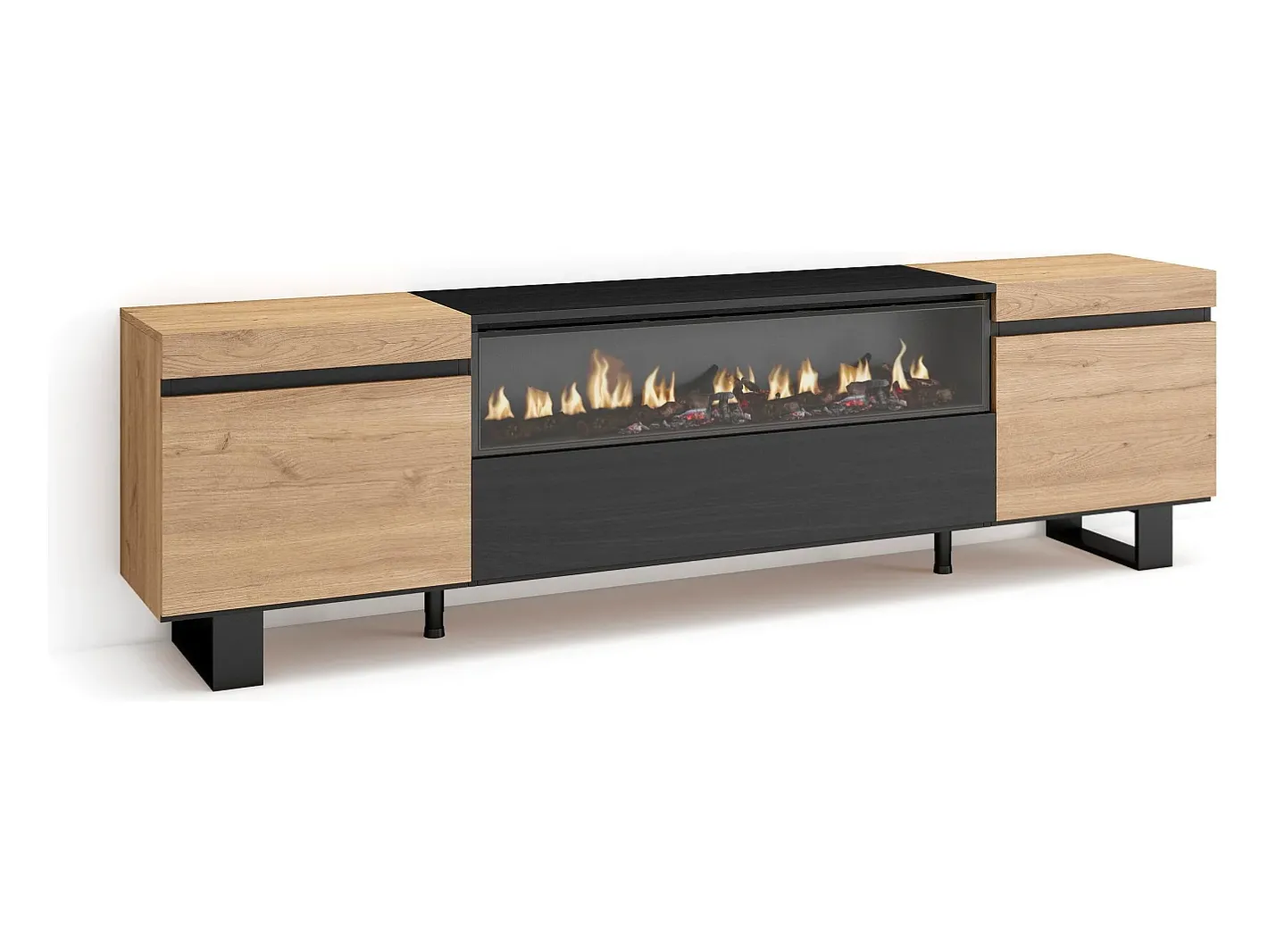 Móvel de TV, 200x35x57cm, Para televisores até 80", Lareira eléctrica, Design industrial, Carvahlo e preto*Skraut Home Hot