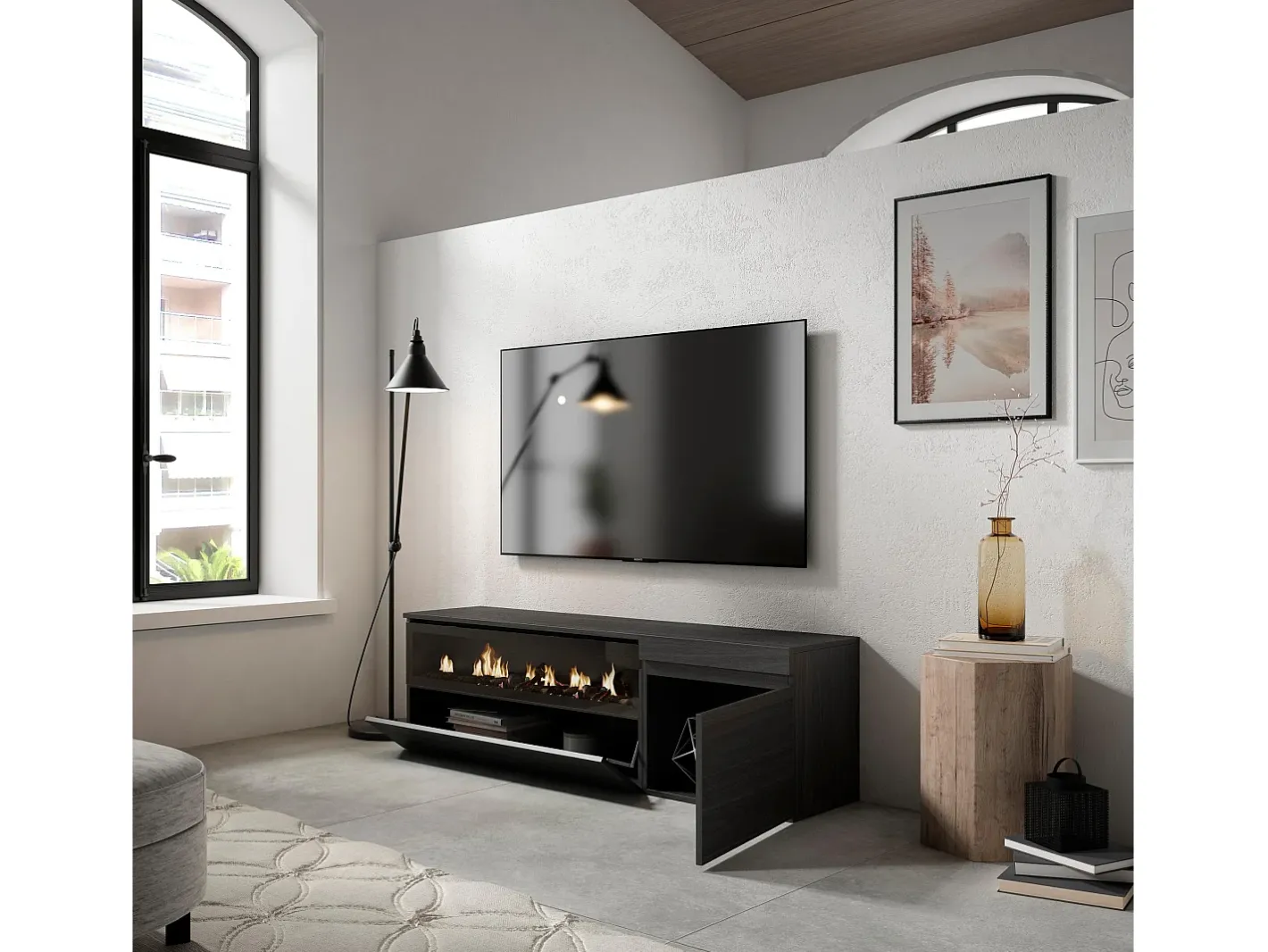 Móvel de TV, 150x35x45cm, Para televisores até 65", Lareira eléctrica,^Skraut Home Clearance